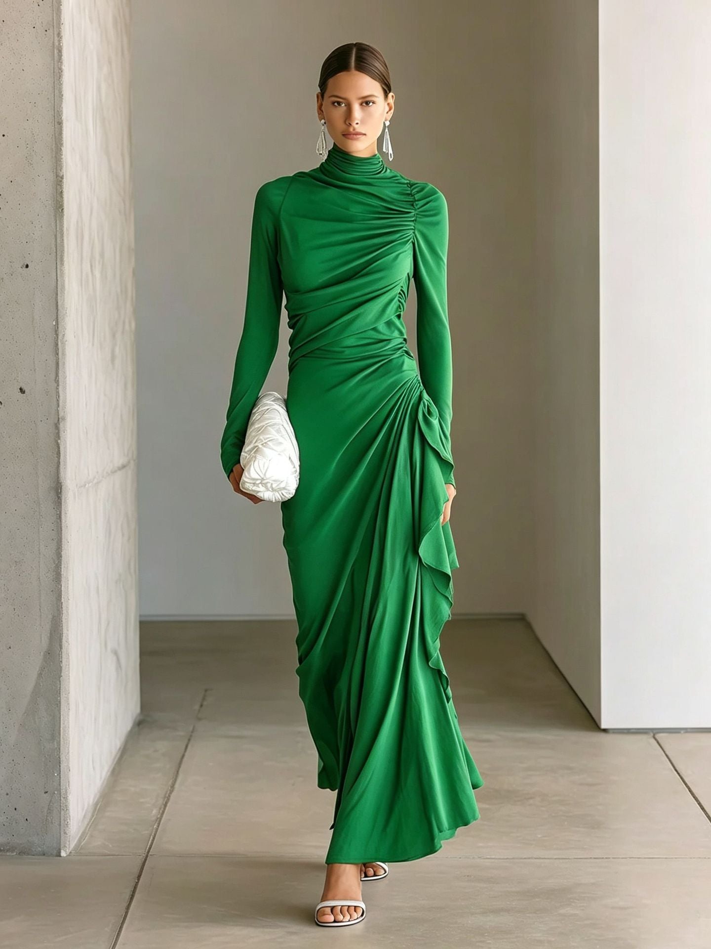 A woman models a vibrant emerald green long-sleeve maxi dress with dramatic ruching and draped details. She is holding a white textured clutch and wearing silver earrings and sandals, standing in a minimalist concrete-walled hallway.