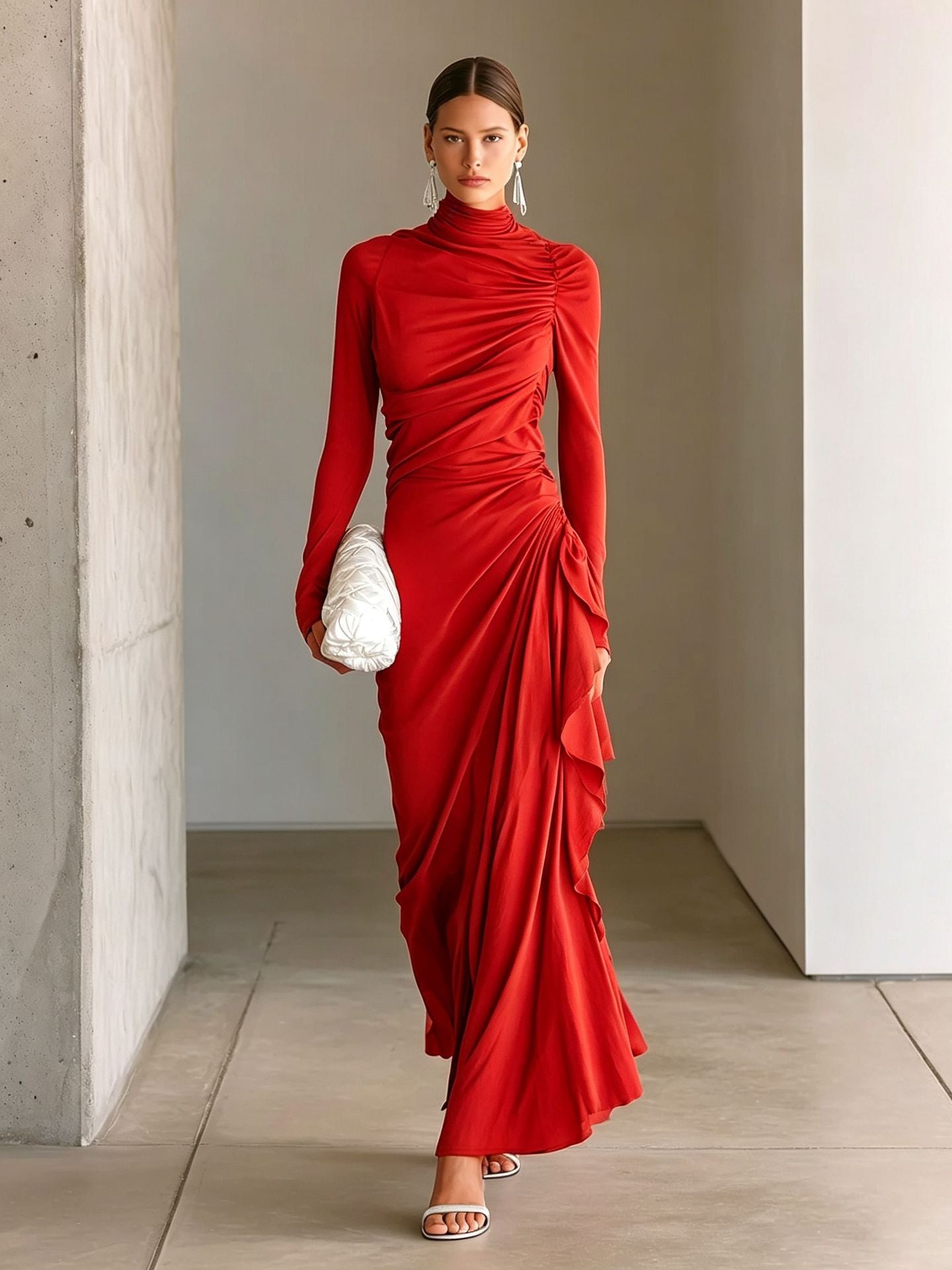 A woman models a vibrant red, long-sleeved midi dress with dramatic draped ruching and a ruffled hem, styled with a white textured clutch and silver sandals in a minimalist concrete corridor.