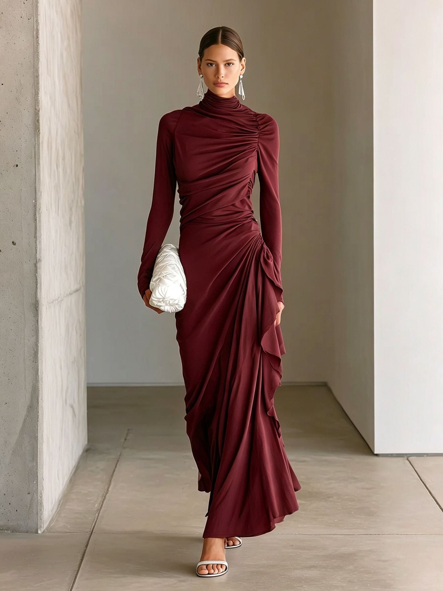 A woman models a long-sleeved, high-neck maxi dress in deep burgundy with dramatic draped ruching and a gathered skirt, styled with a white textured clutch and silver sandals in a minimalist concrete corridor.