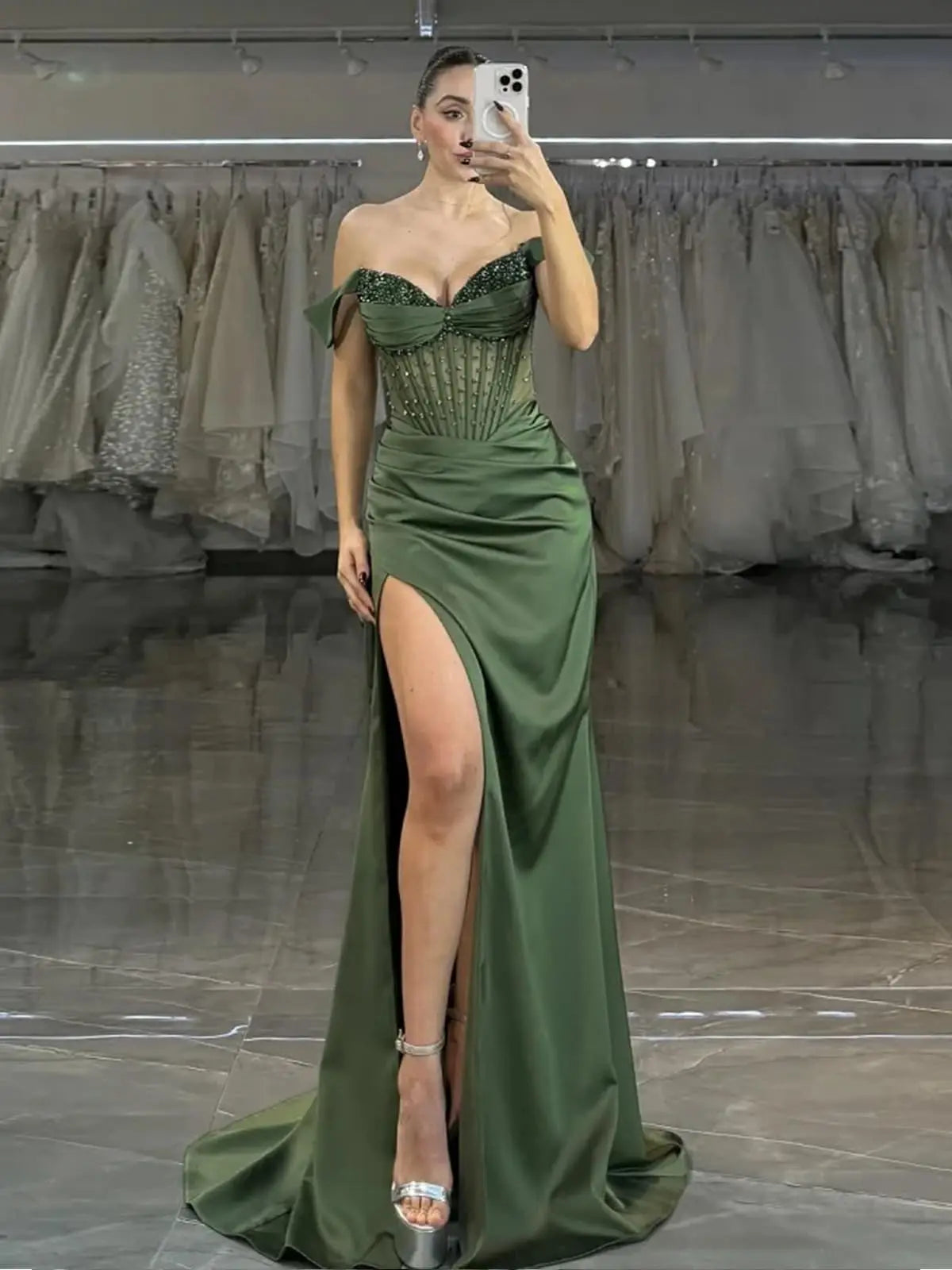 Ivory Beaded Off Shoulder Mermaid Evening Gown | Isolde Collection 0