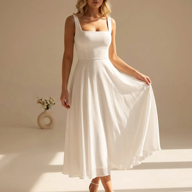Ivory Chiffon Square Neck Sleeveless A-Line Midi Dress | Seraphine Collection 0