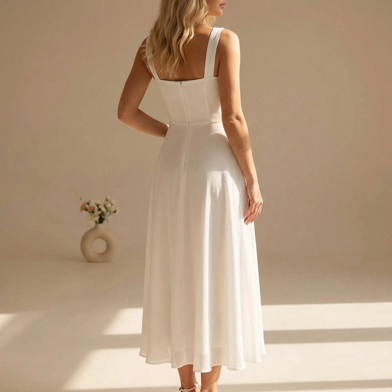 Ivory Chiffon Square Neck Sleeveless A-Line Midi Dress | Seraphine Collection 1