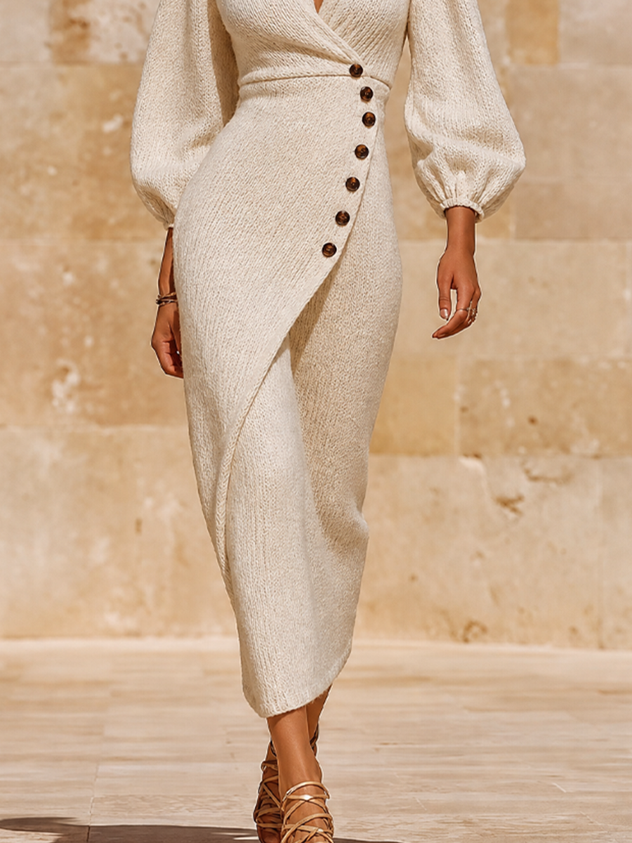 Ivory Deep V Lantern Sleeve Slim Maxi Dress | Mirage Collection 3