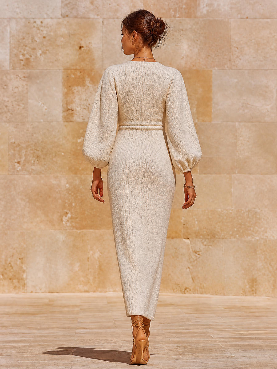 Ivory Deep V Lantern Sleeve Slim Maxi Dress | Mirage Collection 4
