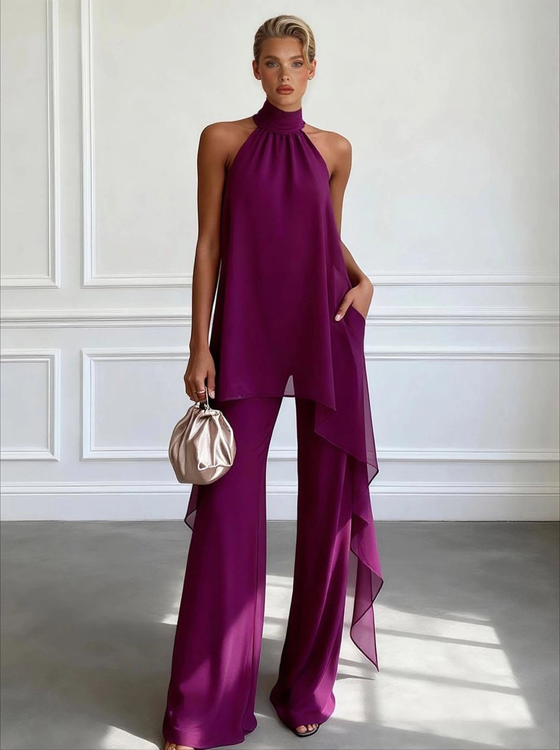 Ivory Halter Neck Chiffon Wide-Leg Trousers Coord for Summer Events | Haloire Collection 0