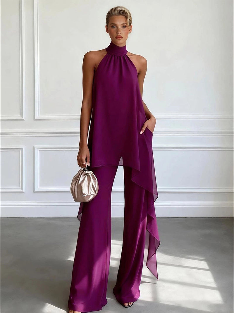 Ivory Halter Neck Chiffon Wide-Leg Trousers Coord for Summer Events | Haloire Collection 0