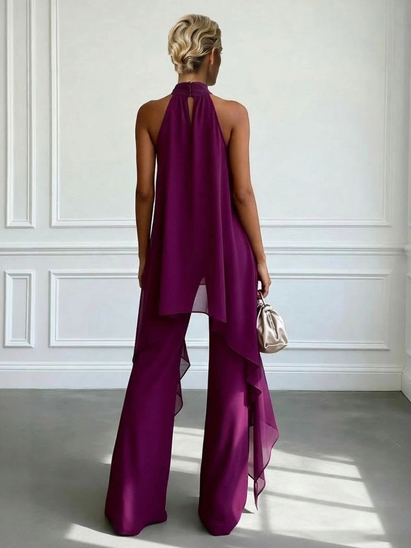 Ivory Halter Neck Chiffon Wide-Leg Trousers Coord for Summer Events | Haloire Collection 1