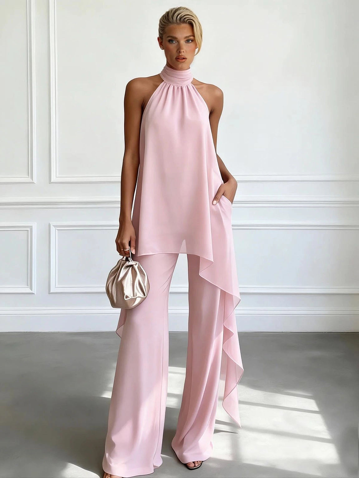 Ivory Halter Neck Chiffon Wide-Leg Trousers Coord for Summer Events | Haloire Collection 3