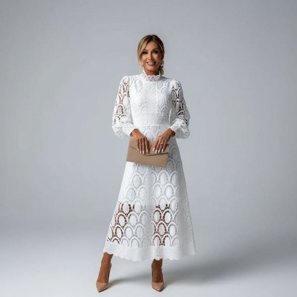 Ivory Lace High Neck Long Sleeve Fitted Midi Wedding Guest Dress | Liora Collection 0
