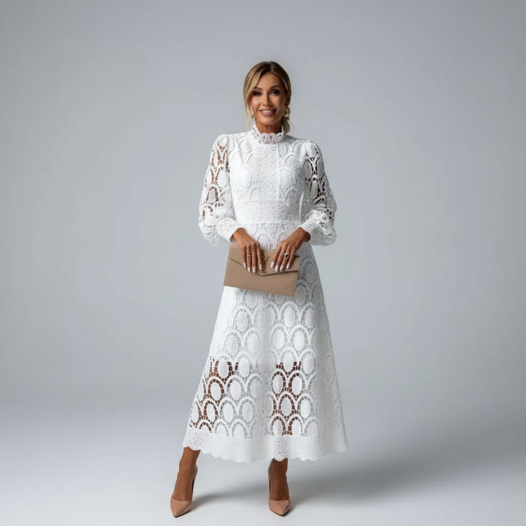 Ivory Lace High Neck Long Sleeve Fitted Midi Wedding Guest Dress | Liora Collection 0