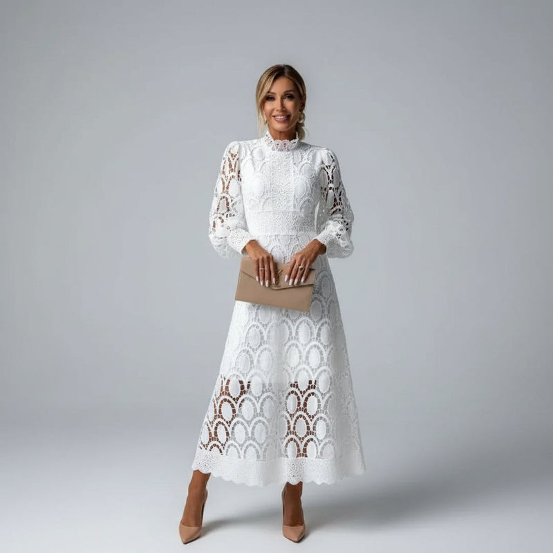 Ivory Lace High Neck Long Sleeve Fitted Midi Wedding Guest Dress | Liora Collection 0