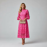 Ivory Lace High Neck Long Sleeve Fitted Midi Wedding Guest Dress | Liora Collection 1