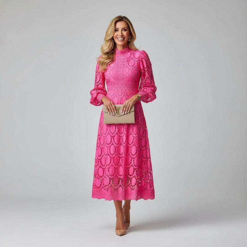 Ivory Lace High Neck Long Sleeve Fitted Midi Wedding Guest Dress | Liora Collection 1