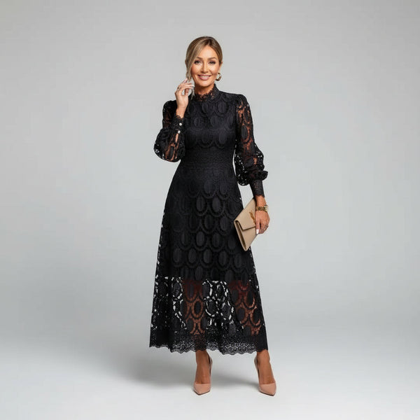 Ivory Lace High Neck Long Sleeve Fitted Midi Wedding Guest Dress | Liora Collection 2