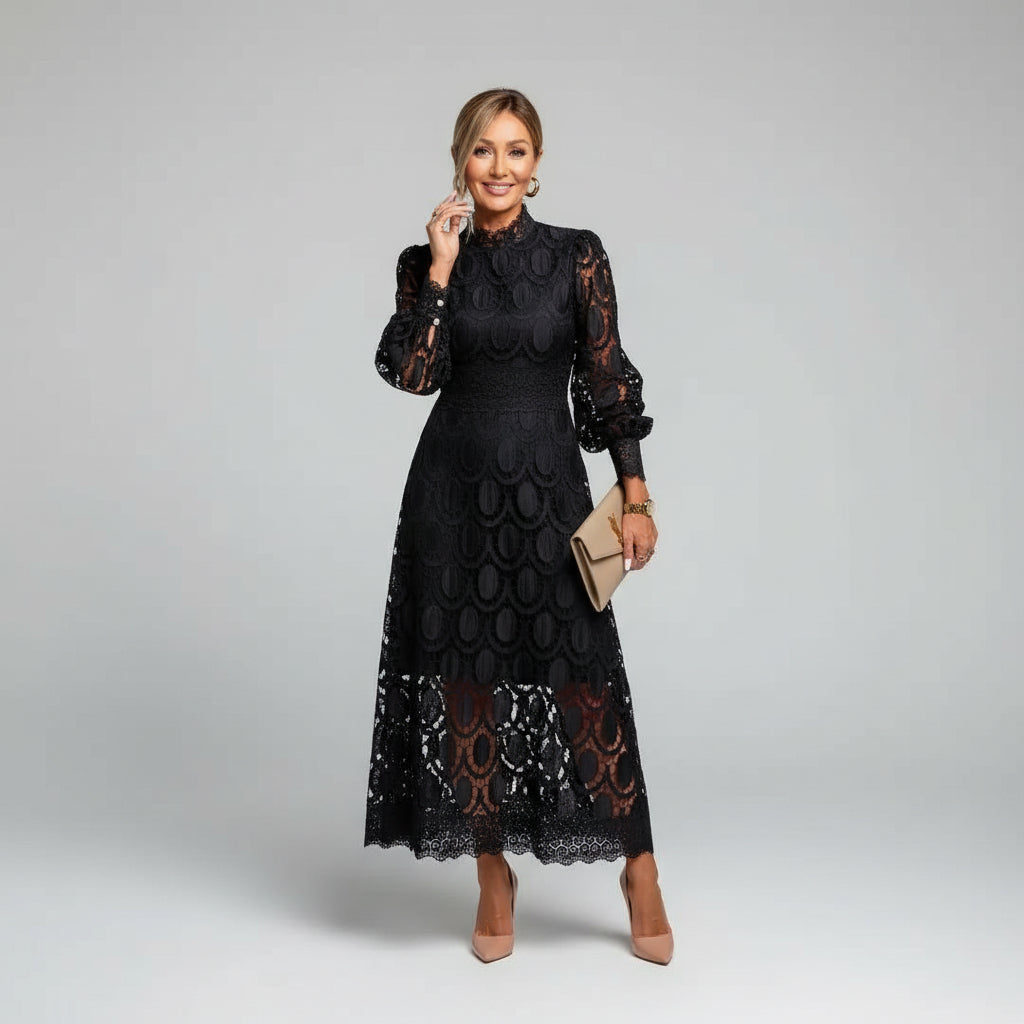 Ivory Lace High Neck Long Sleeve Fitted Midi Wedding Guest Dress | Liora Collection 2