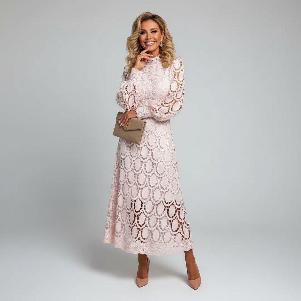 Ivory Lace High Neck Long Sleeve Fitted Midi Wedding Guest Dress | Liora Collection 3