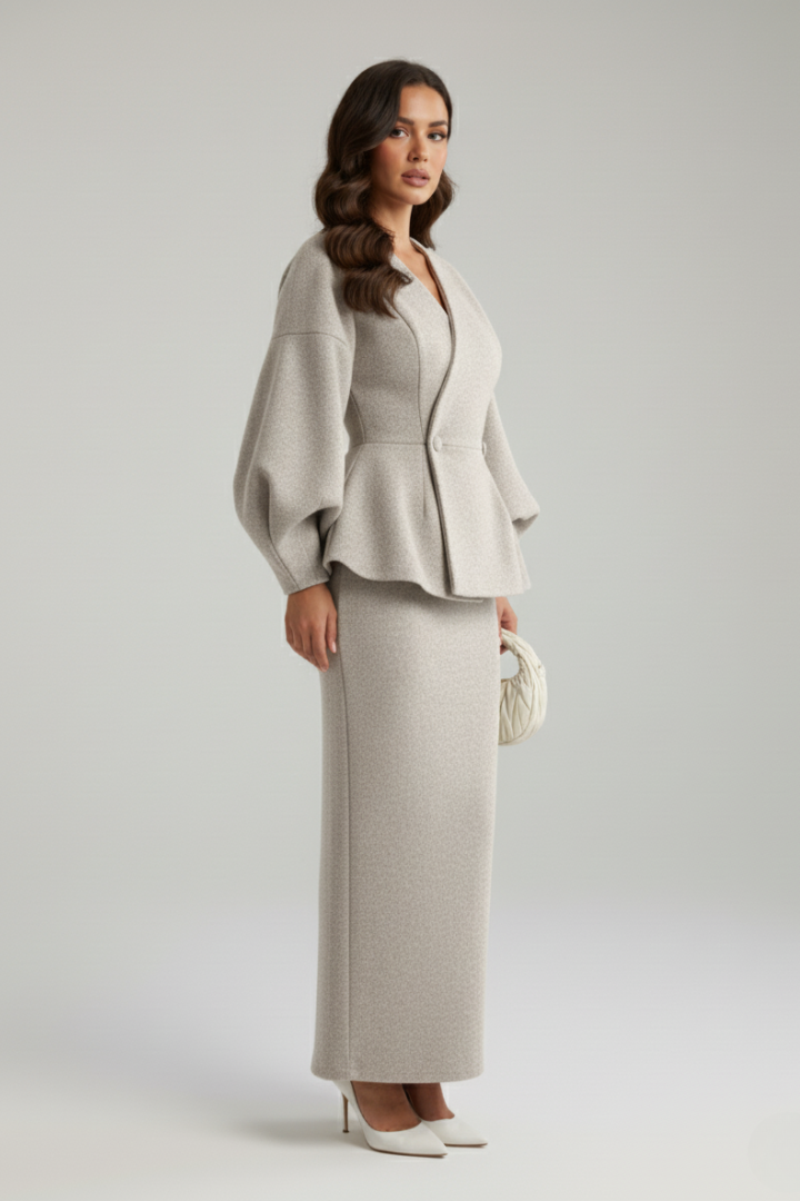 Ivory Puff Sleeve V-Neck Tailored Co-Ord Set | Imara Collection 2