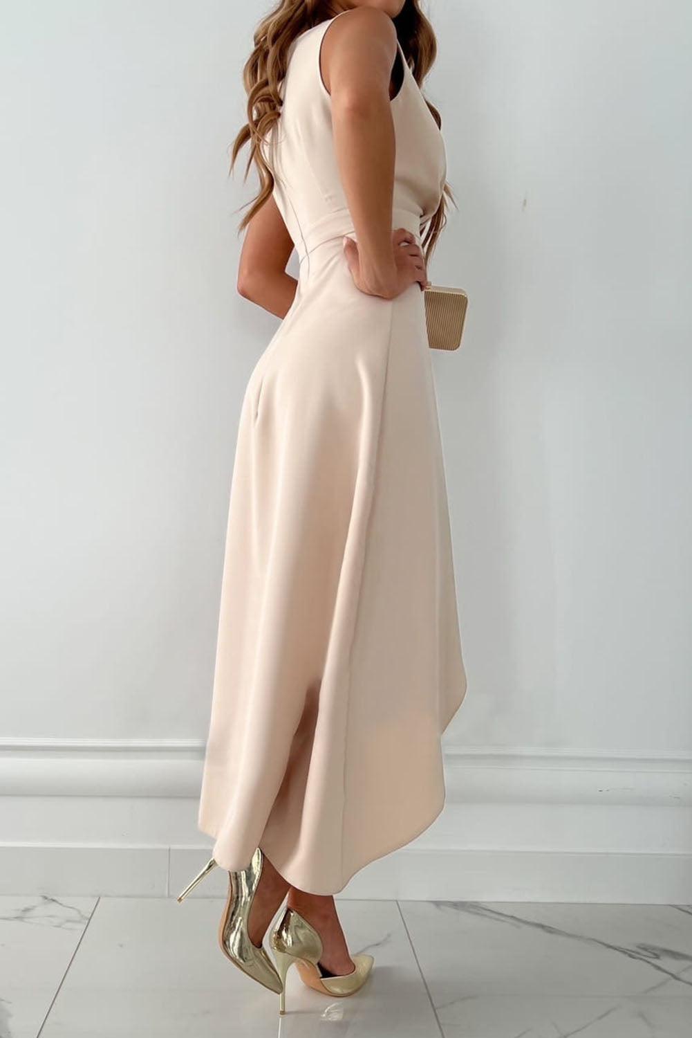 Ivory Satin Sleeveless Asymmetric Wrap Midi Wedding Guest Dress | Seraphine Collection 7