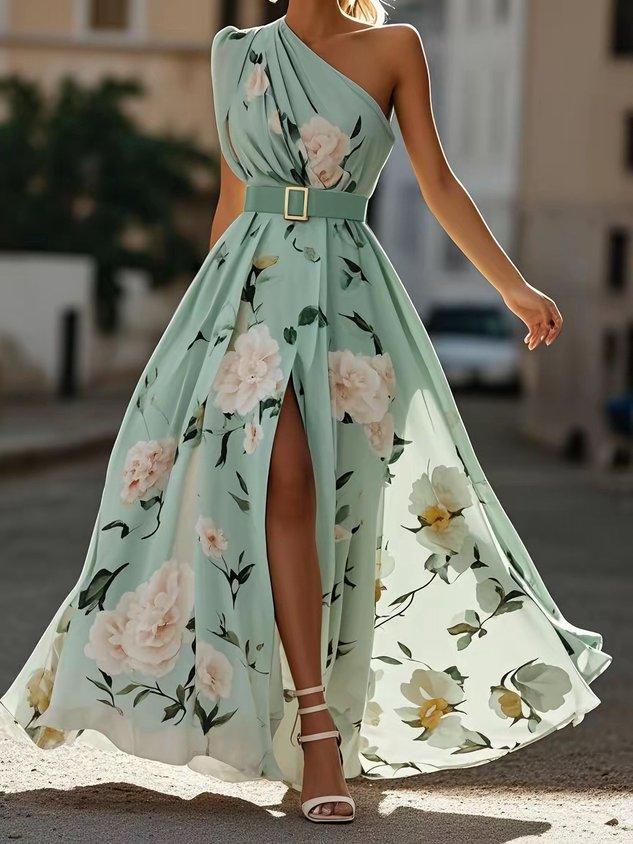 Light Green Floral One-Shoulder Maxi Dress | Juliette Collection 0
