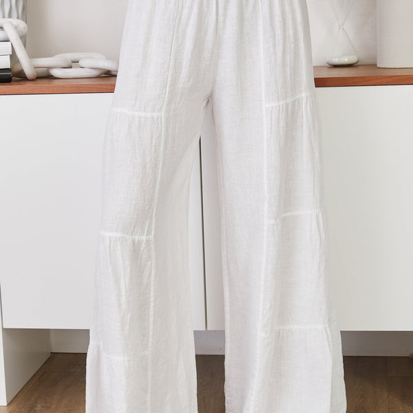 Lightweight Linen Tiered Wide Leg Palazzo Trousers for Summer Casual | Sylvie Collection 0