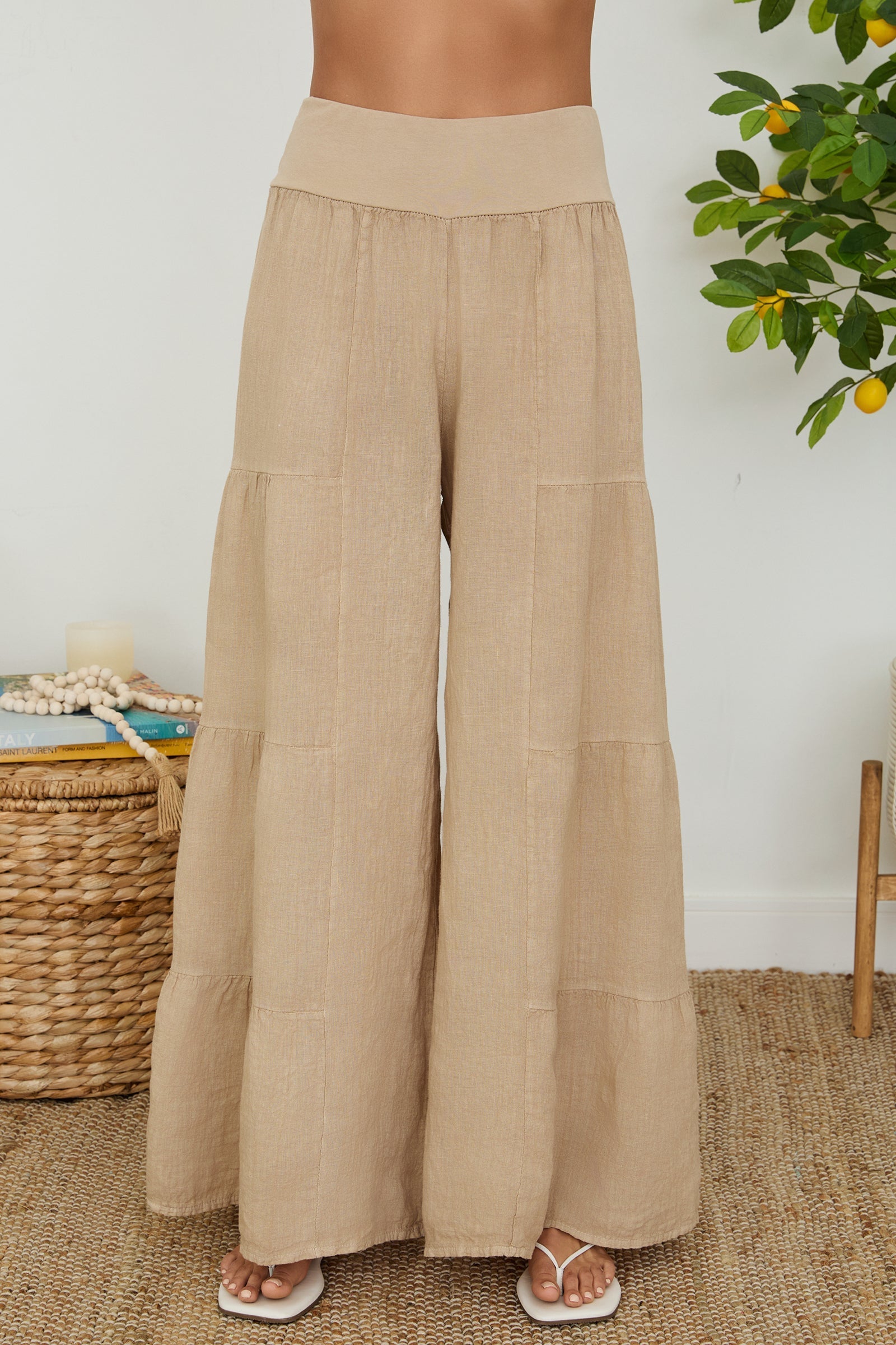 Lightweight Linen Tiered Wide Leg Palazzo Trousers for Summer Casual | Sylvie Collection 9
