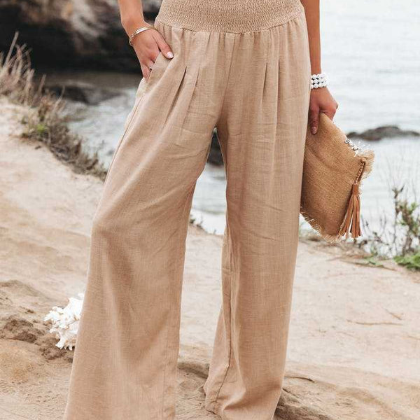 Lightweight Wide-Leg Womens Beach Trousers with Smocked Waist for Resort Wear | Willow Collection 0