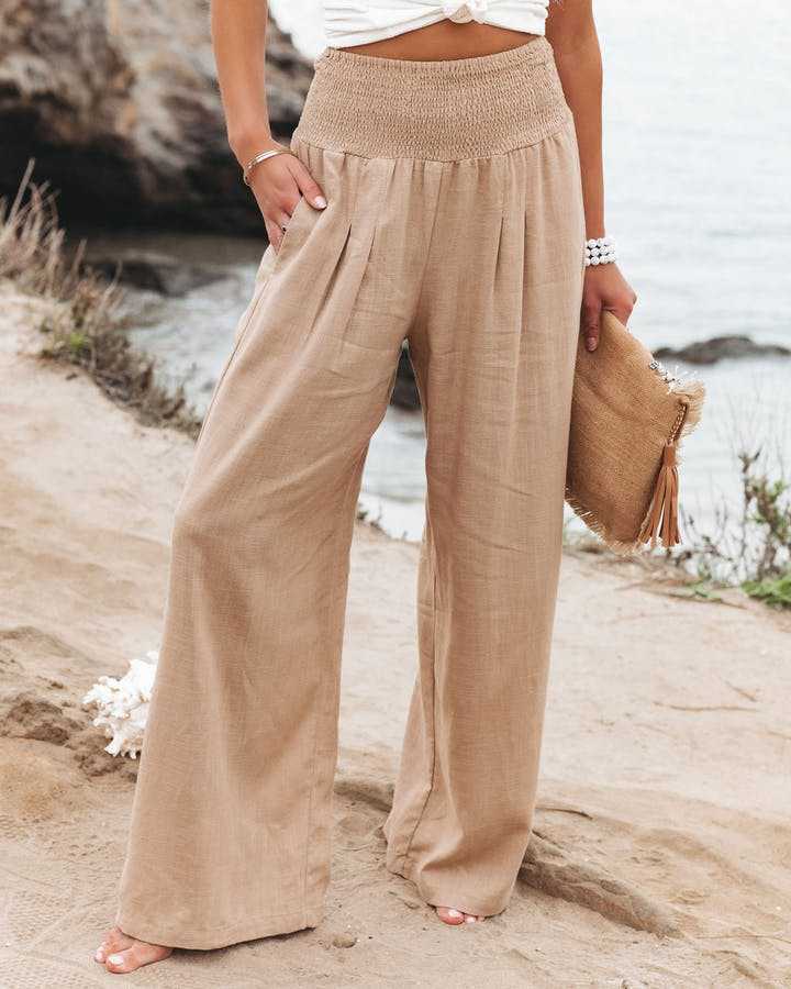 Lightweight Wide-Leg Womens Beach Trousers with Smocked Waist for Resort Wear | Willow Collection 0