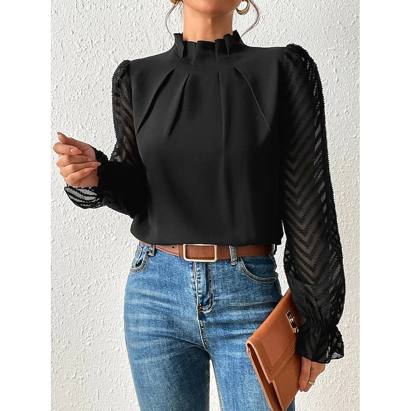Midnight Black Pleated High-Neck Long Sleeve Blouse | Haven Collection 0