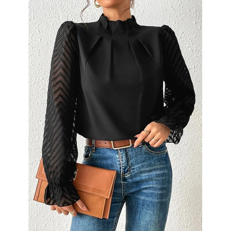 Midnight Black Pleated High-Neck Long Sleeve Blouse | Haven Collection 1