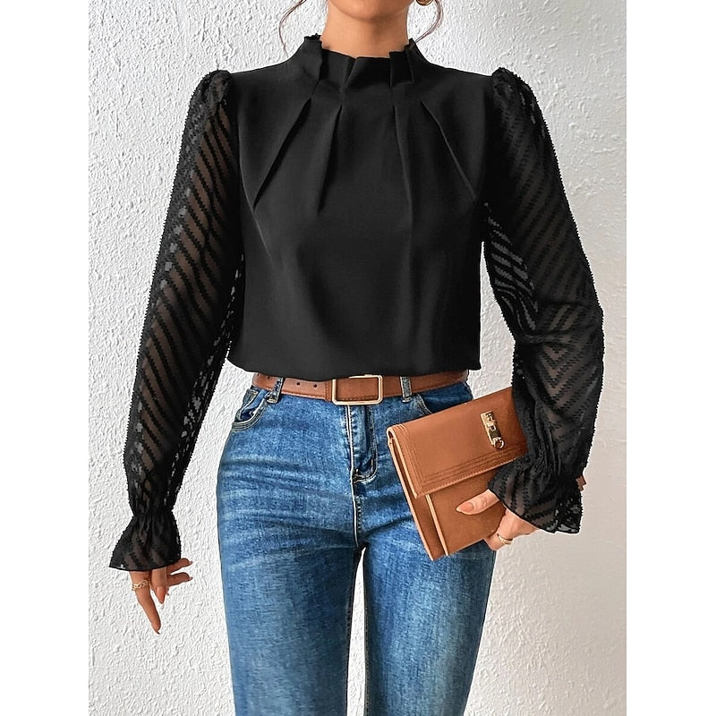 Midnight Black Pleated High-Neck Long Sleeve Blouse | Haven Collection 2