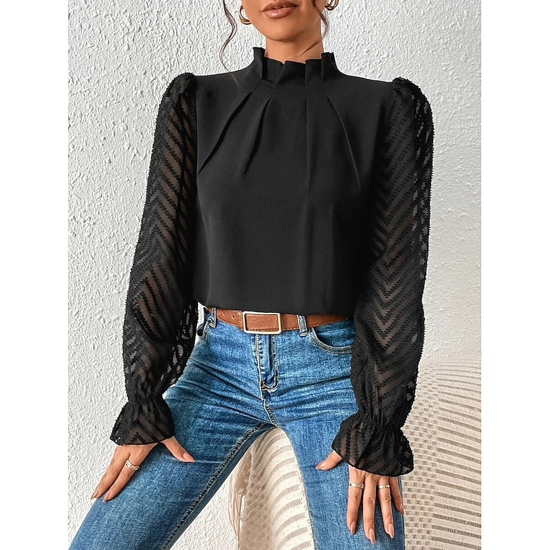Midnight Black Pleated High-Neck Long Sleeve Blouse | Haven Collection 3