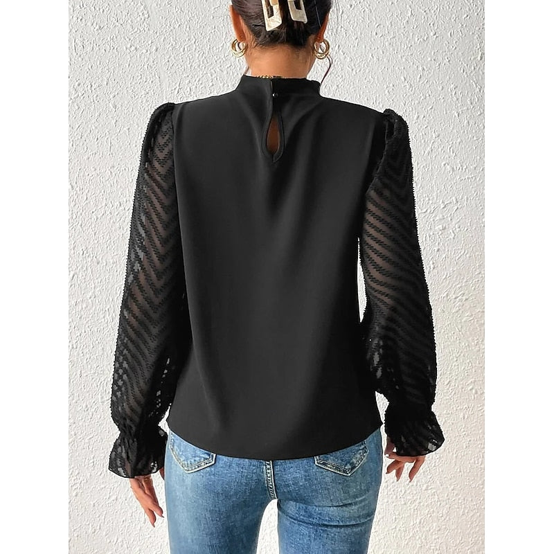 Midnight Black Pleated High-Neck Long Sleeve Blouse | Haven Collection 4