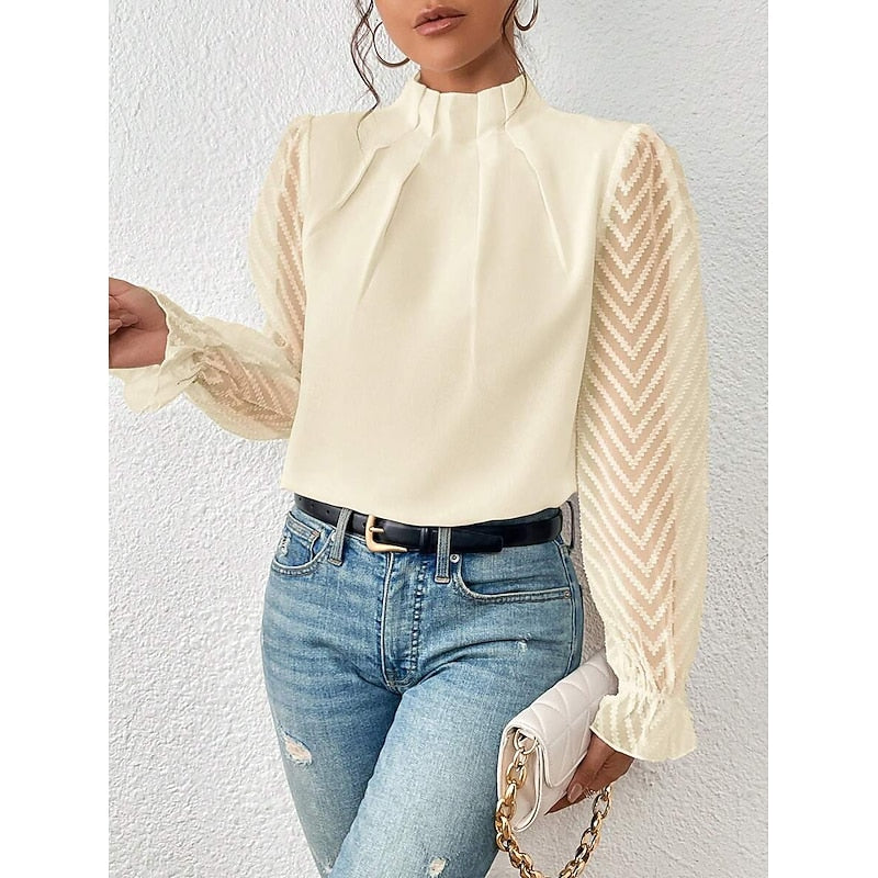 Midnight Black Pleated High-Neck Long Sleeve Blouse | Haven Collection 7