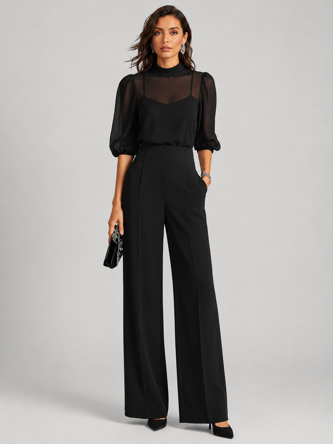 Midnight Black Sheer Layered Wide Leg Trousers Co-Ord Set | Amaris Collection 0