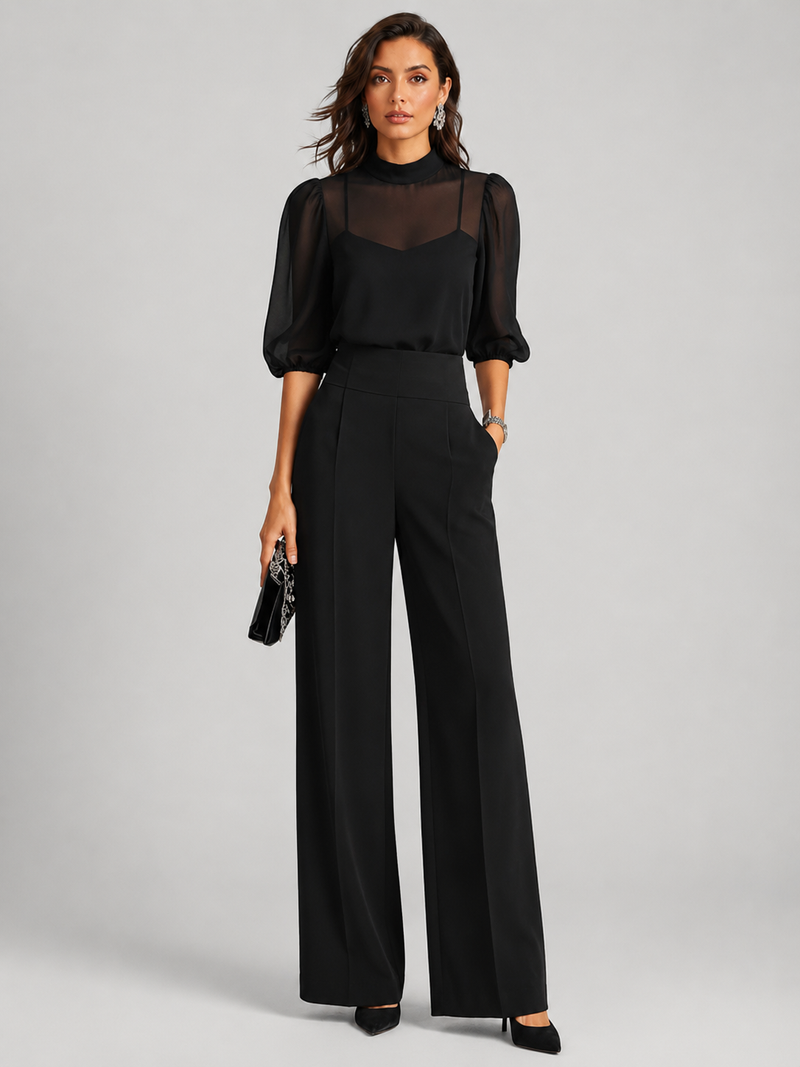 Midnight Black Sheer Layered Wide Leg Trousers Co-Ord Set | Amaris Collection 0