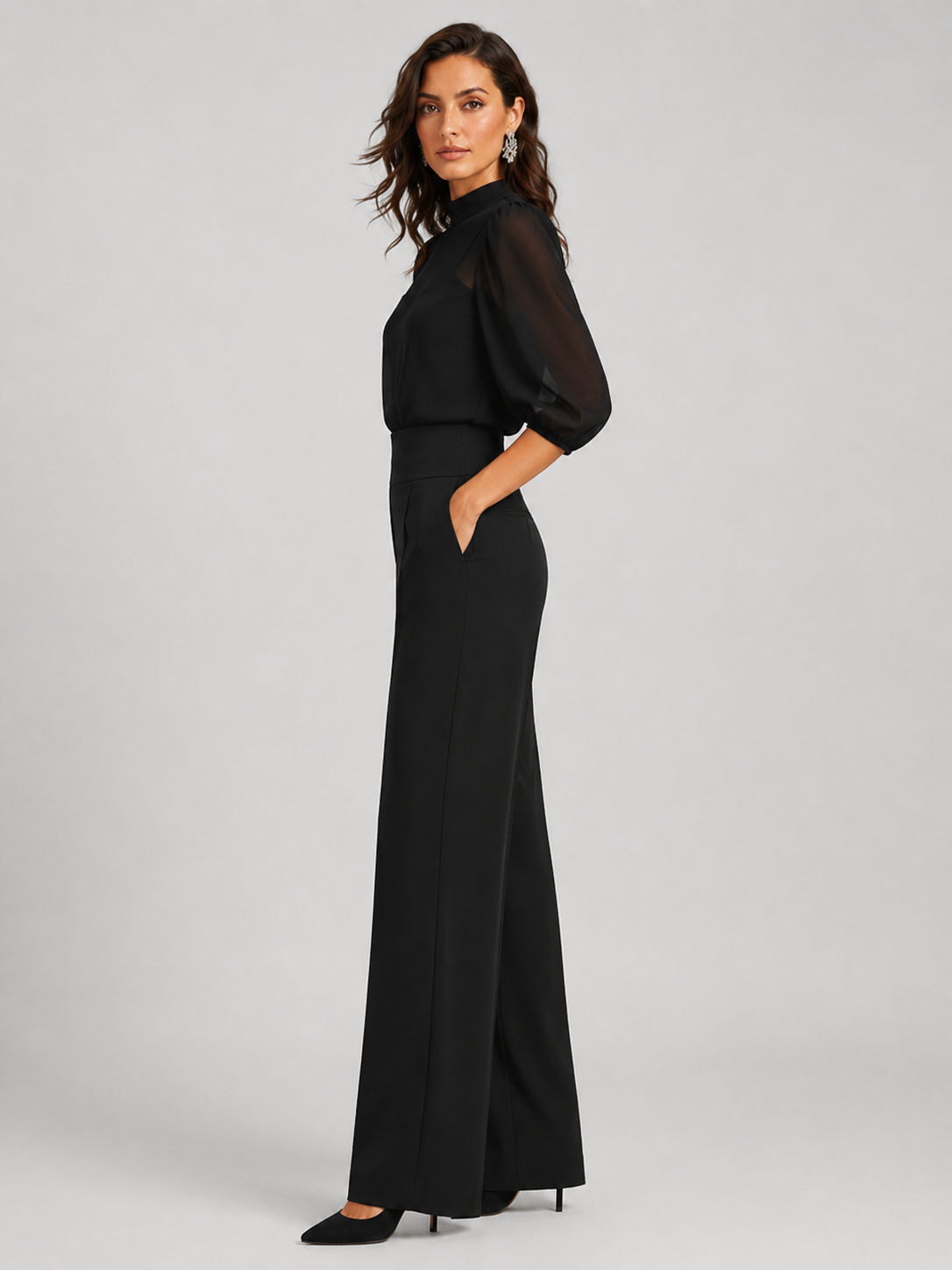 Midnight Black Sheer Layered Wide Leg Trousers Co-Ord Set | Amaris Collection 1