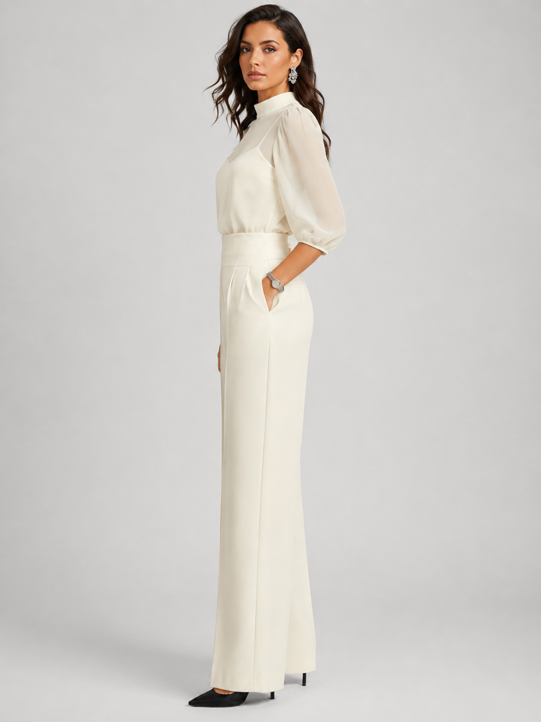 Midnight Black Sheer Layered Wide Leg Trousers Co-Ord Set | Amaris Collection 5