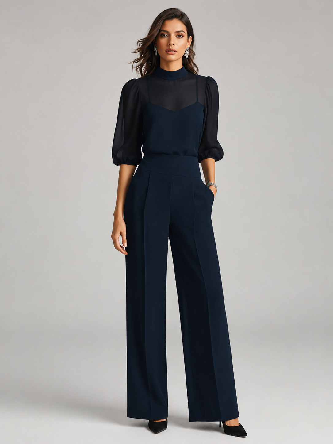 Midnight Black Sheer Layered Wide Leg Trousers Co-Ord Set | Amaris Collection 6