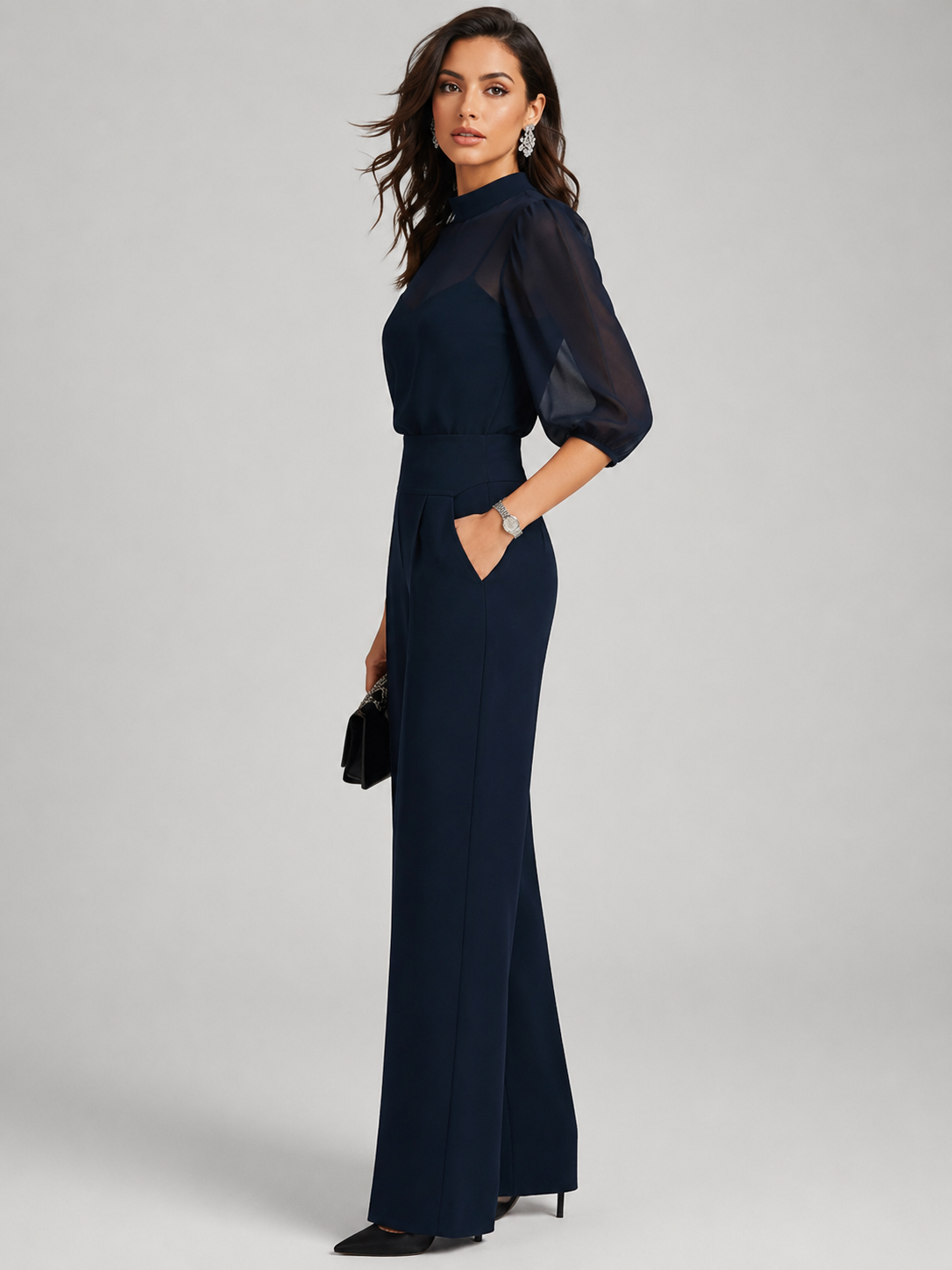 Midnight Black Sheer Layered Wide Leg Trousers Co-Ord Set | Amaris Collection 7