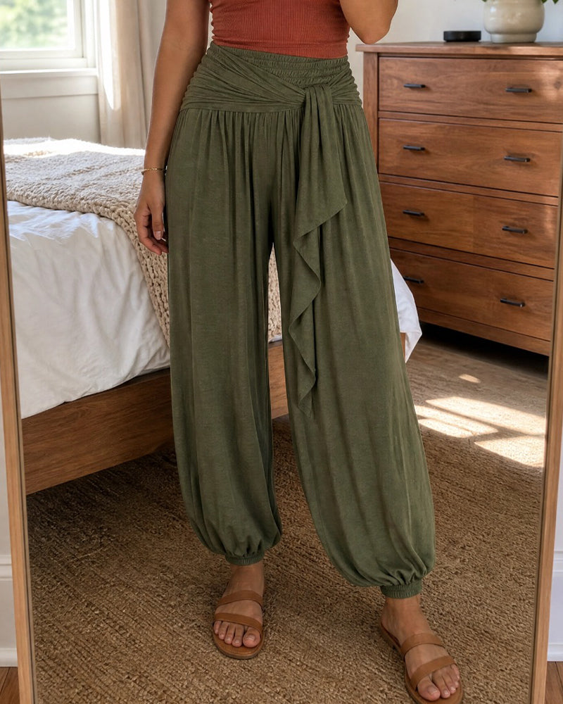 Military Olive Green Cuffed Drawstring Balloon-Leg Trousers | Arbor Collection 0