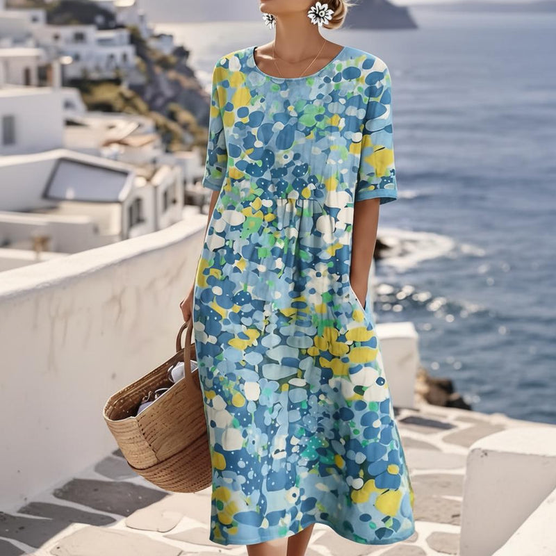 Multicolor Abstract Floral Short Sleeve A-Line Midi Wedding Guest Dress | Amara Collection 0