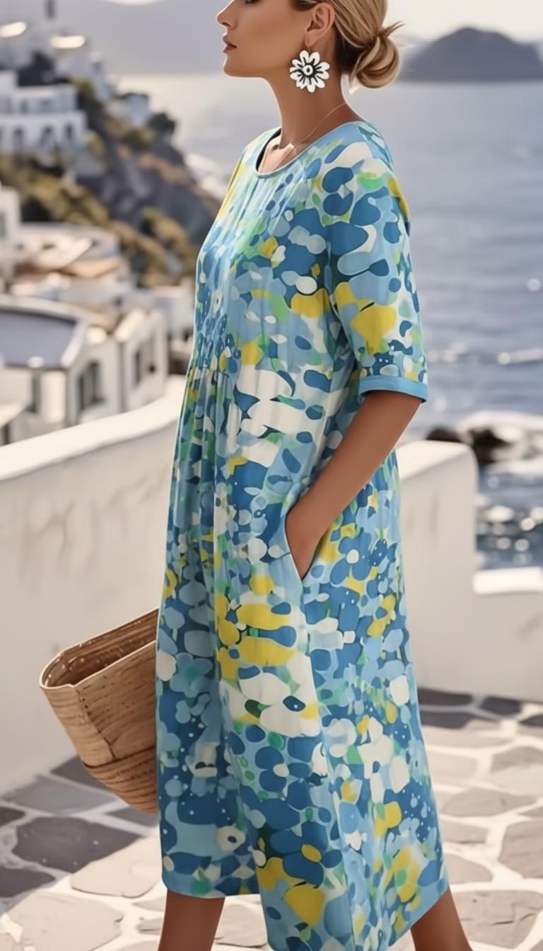 Multicolor Abstract Floral Short Sleeve A-Line Midi Wedding Guest Dress | Amara Collection 1