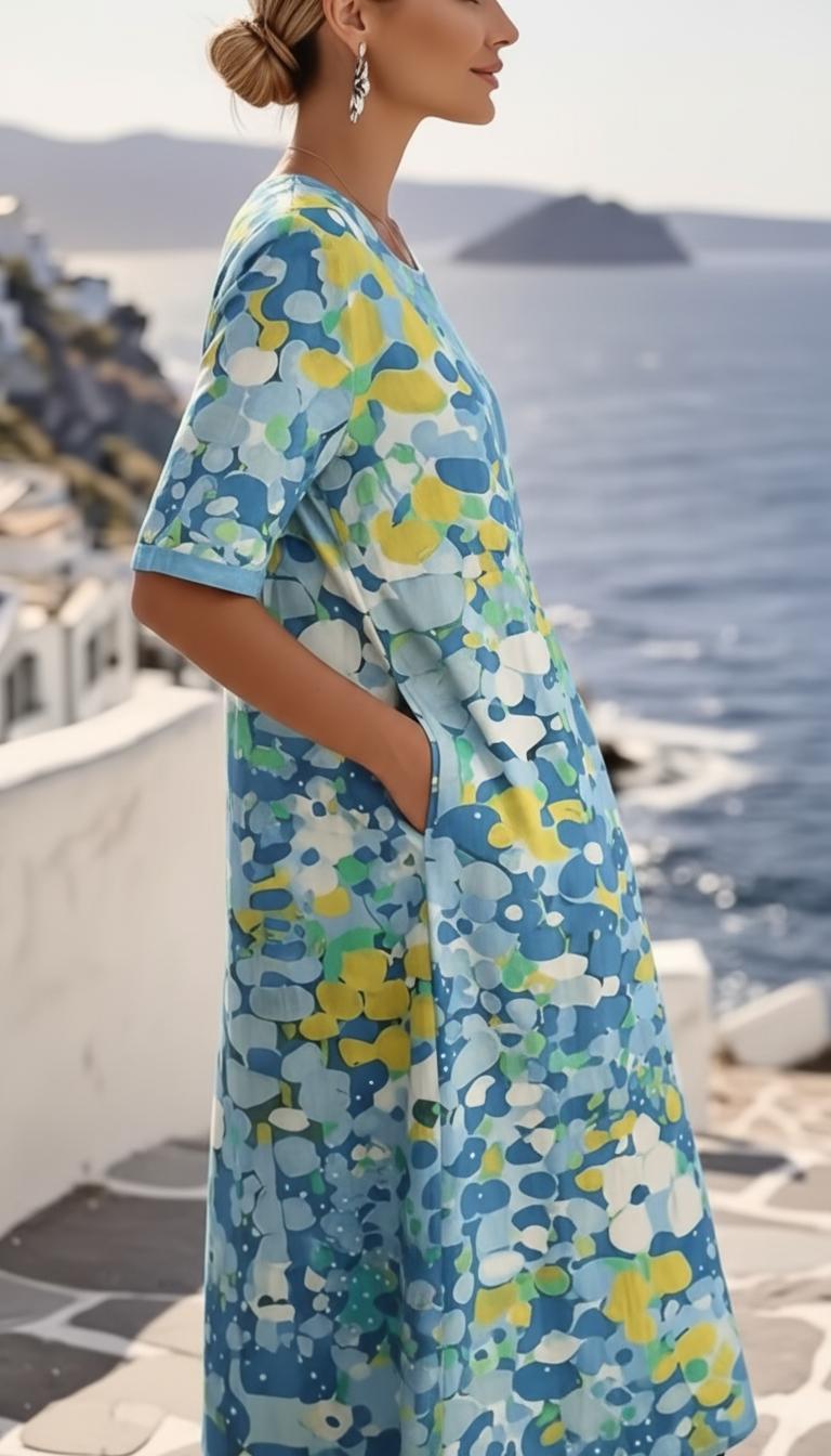 Multicolor Abstract Floral Short Sleeve A-Line Midi Wedding Guest Dress | Amara Collection 2