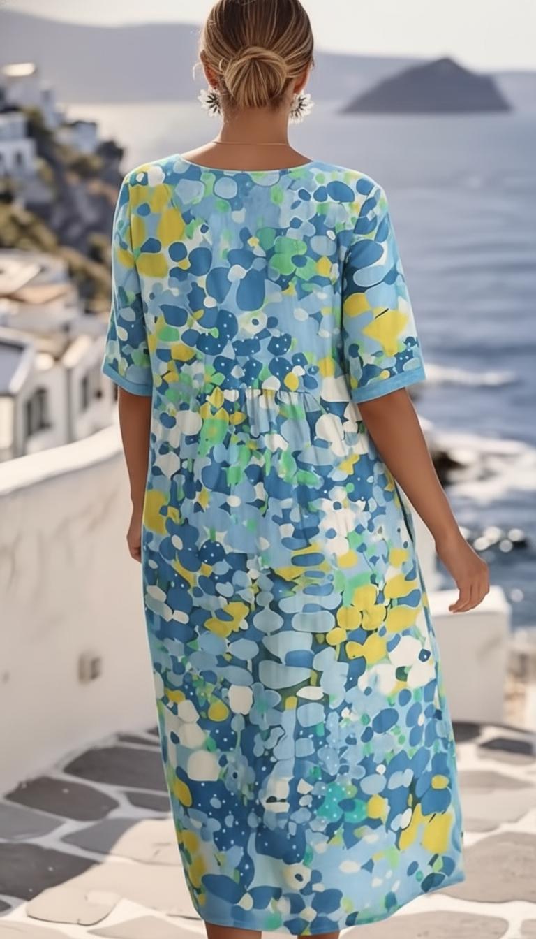 Multicolor Abstract Floral Short Sleeve A-Line Midi Wedding Guest Dress | Amara Collection 3