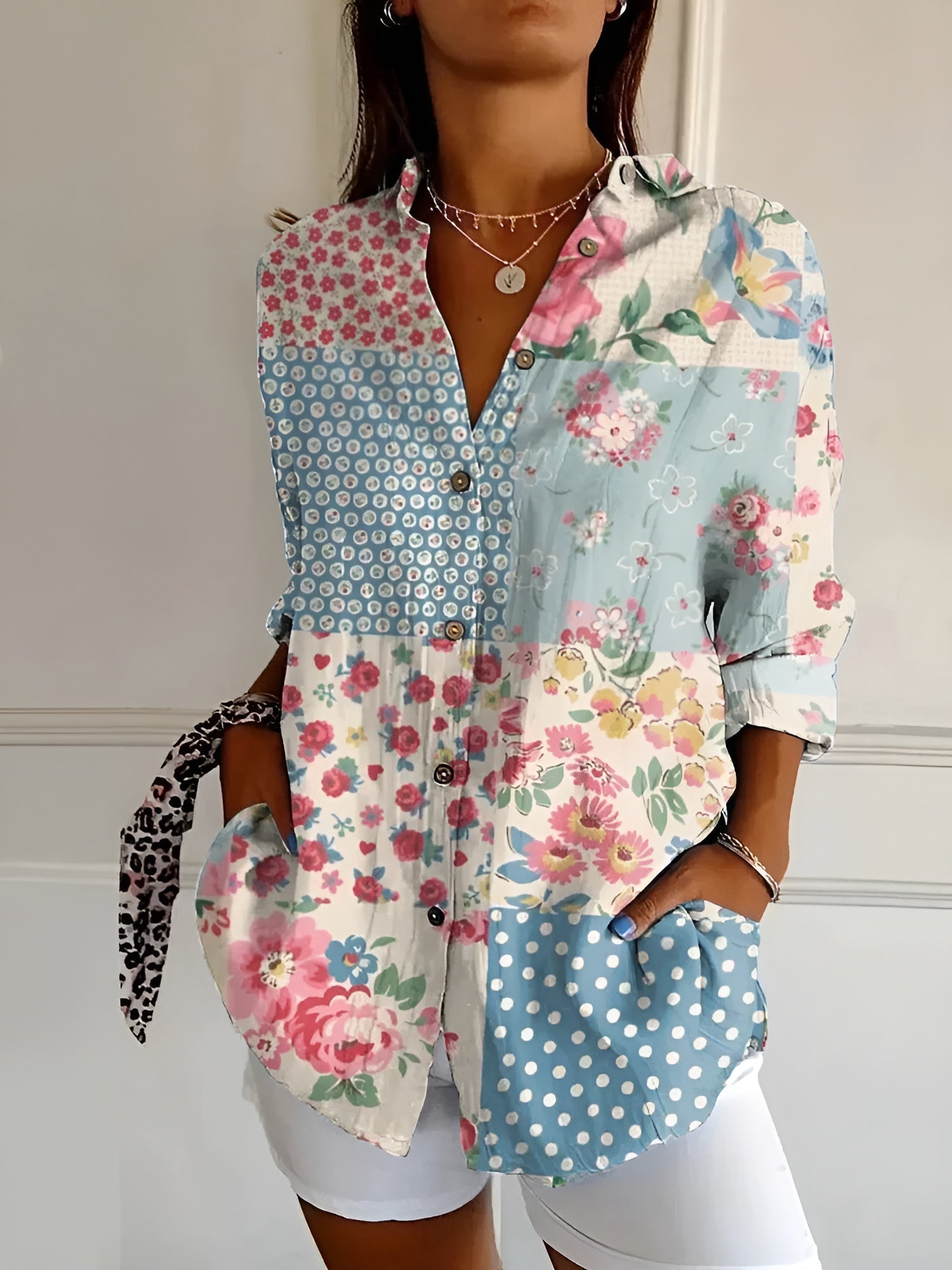 Multicolor Abstract Print Split V-Neck Roll-Up Sleeve Relaxed Blouse | Astra Collection 4