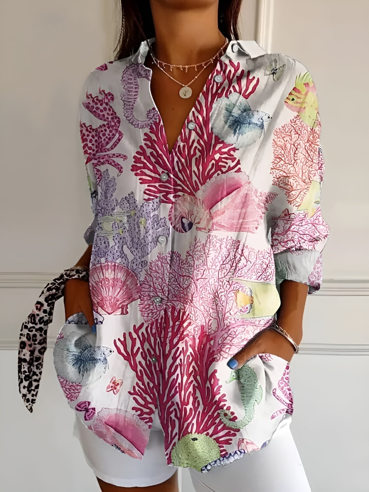 Multicolor Abstract Print Split V-Neck Roll-Up Sleeve Relaxed Blouse | Astra Collection 6