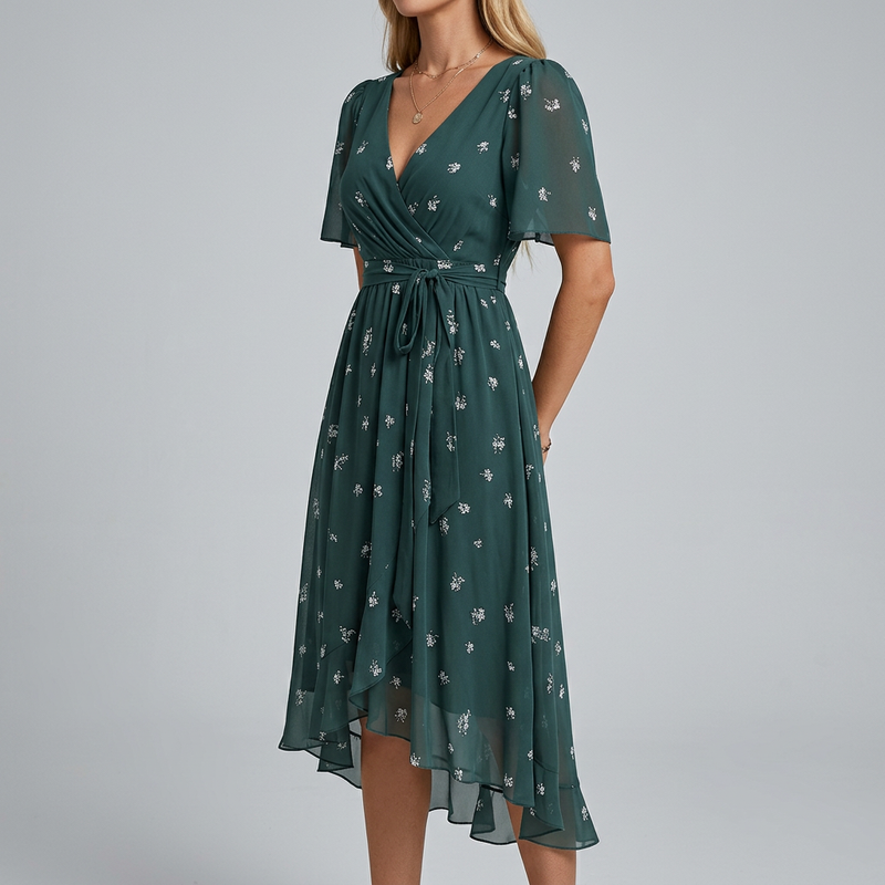Multicolor Floral Print V-Neck Flutter Sleeve A-Line Summer Dress | Solara Collection 0