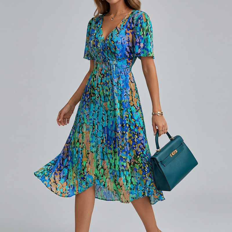 Multicolor Floral Print V-Neck Flutter Sleeve A-Line Summer Dress | Solara Collection 1