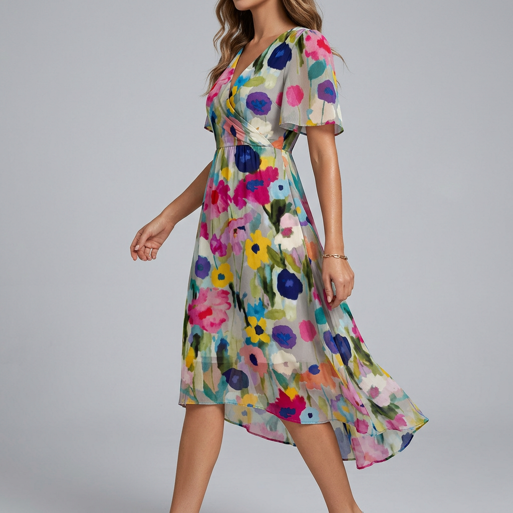 Multicolor Floral Print V-Neck Flutter Sleeve A-Line Summer Dress | Solara Collection 2