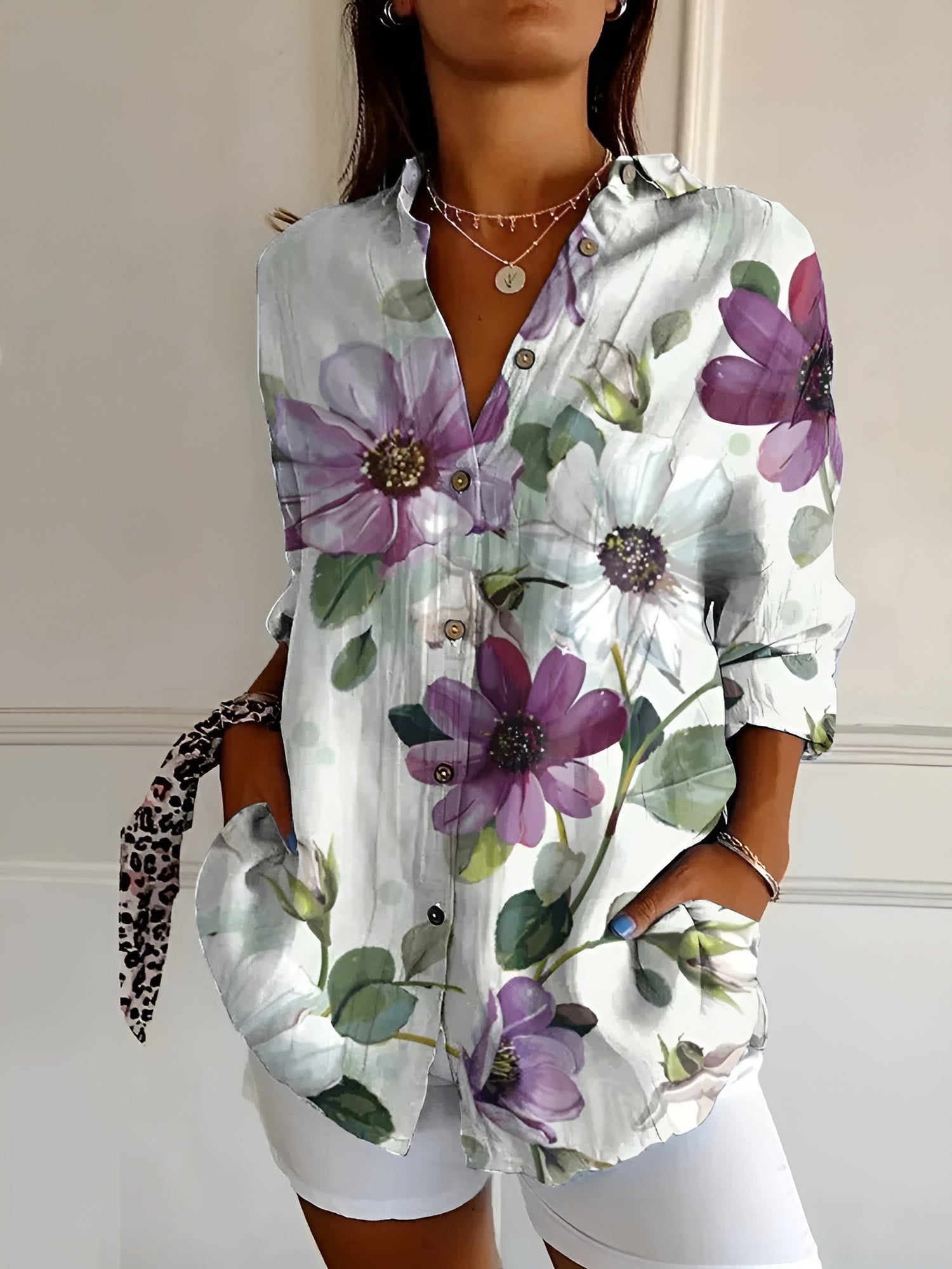 Multicolor Printed Floral V-Neck Relaxed Fit Blouse | Fleurine Collection 7